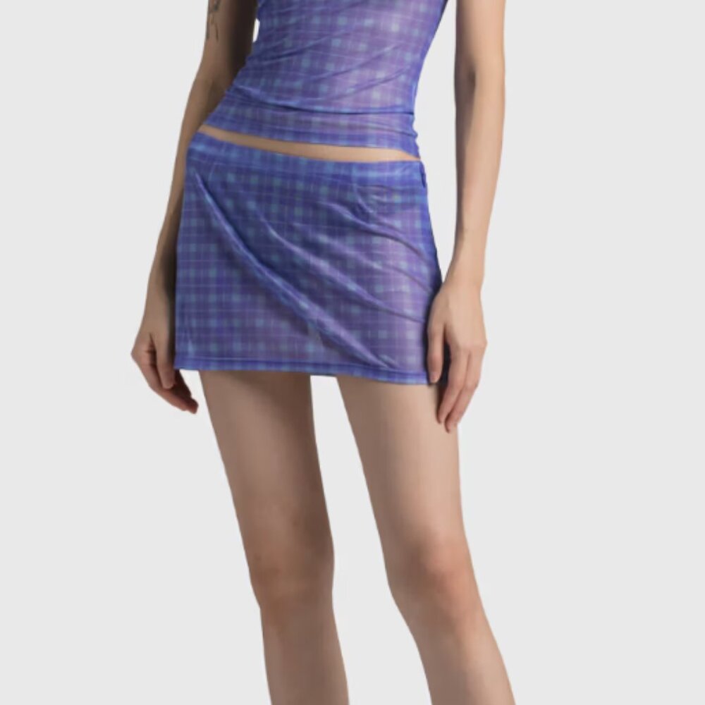 Miaou Purple Plaid Mesh T-shirt and skirt set
